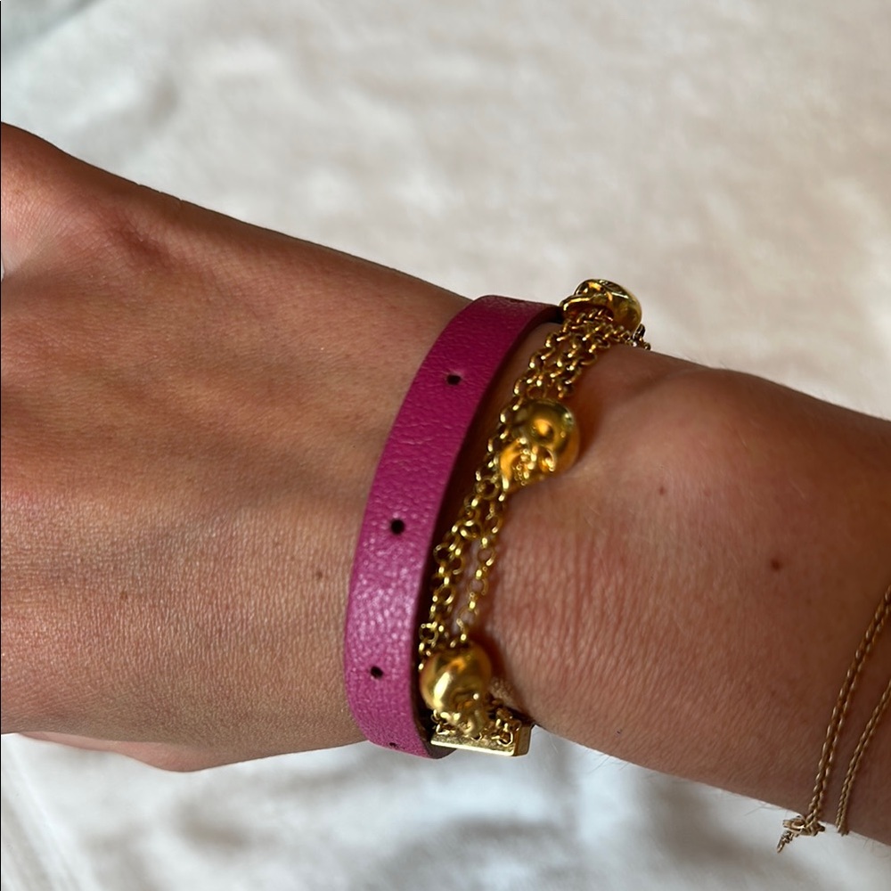 Alexander McQueen Pink Leather Wrap Bracelet with Gold Accents